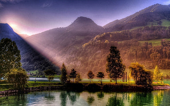 Beautiful View, mountain, lake, rock, day, reflection, light, clouds, trees, nature, sky, beam, water HD wallpaper