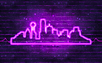 Dallas violet neon silhouette, , violet neon lights, Dallas skyline silhouette, violet brickwall, american cities, neon skyline silhouettes, USA, Dallas silhouette, Dallas HD wallpaper