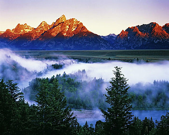 Grand Teton at Dawn Wyoming, river, shadow, sunrise, canyon, clouds, trees, sky, mountains, forest, sunset HD wallpaper