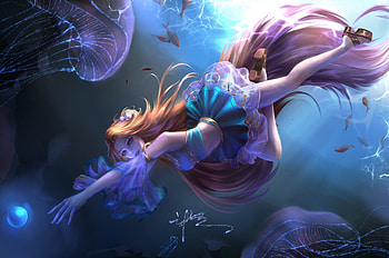 Underwater, summer, blue, fantasy, yixue, jellyfish, girl, vara HD wallpaper