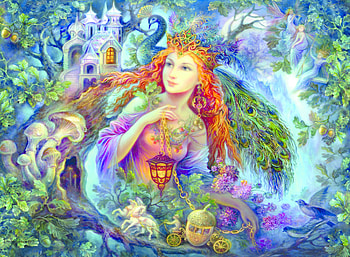 Fairy tale, blue, art, girl, fairy, painting, tale, fantasy, pictura, green, redhead, luminos HD wallpaper
