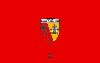 RC Lens, red background, French football team, RC Lens emblem, Ligue 1, Lens, France, football, RC Lens logo HD wallpaper