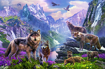 Spring Wolves, mountains, pups, wolfpack, predators, artwork, painting HD wallpaper