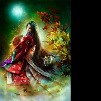 Moona, kimono, asian, art, fall, girl, fox, fan, moon, autumn, leaf, shu HD wallpaper
