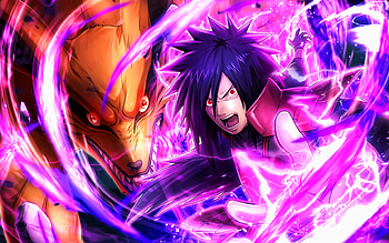 Kurama, Uchiha Madara, Violet Lightings, Naruto Characters HD wallpaper