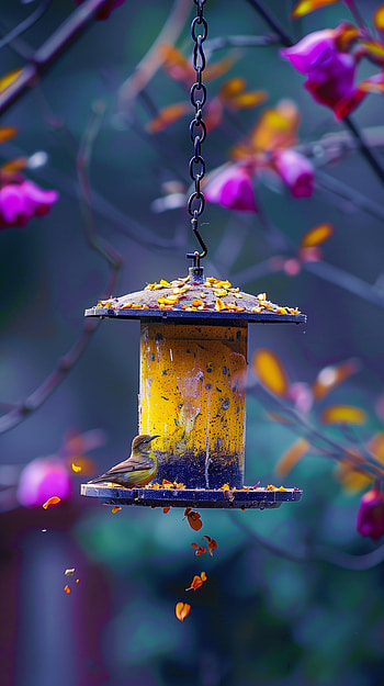 Whimsical Bird Retreat, bird, bird feeder, nature, flower, Autumn HD phone wallpaper