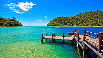 Beautiful scenery in a blue paradise, Sky, Sea, Bridge, Clouds HD wallpaper