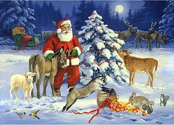 By Linda Picken, animal, art, cute, bunny, linda picken, holiday, painting, snow, sheep, deer, christmas, december, santa HD wallpaper