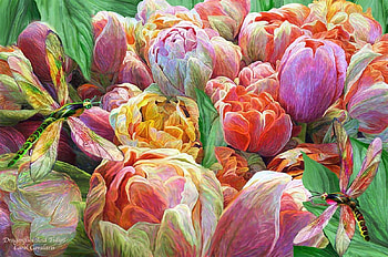 Dragonflies and tulips, colorful, tulip, art, carol cavalaris, flower, dragonfly, lalele, spring HD wallpaper