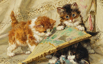 Kittens by Henriette Ronner-Knip, blue, kitten, animal, black, art, cat, orange, fan, play, ginger, painting, green, henriette ronner knip HD wallpaper
