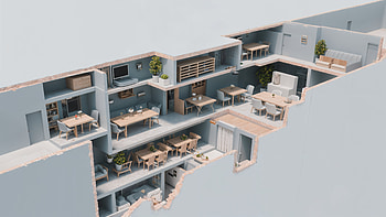 Cutaway View of Modern Multi-Level Office Interior HD wallpaper