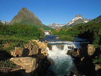 looking at nature, river, pinetrees, snowy mountains, waterfalls, lage rocks HD wallpaper