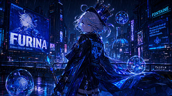 Furina (Genshin Impact), Anime Girl, Cyberpunk, Neon City HD wallpaper