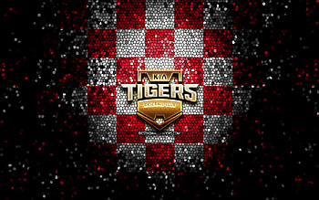 KIA Tigers, glitter logo, KBO, red white checkered background, baseball, South Korean baseball team, KIA Tigers logo, mosaic art HD wallpaper