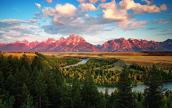 Grand Teton National Park, Wyoming, river, clouds, trees, landscape, sky, snake river HD wallpaper