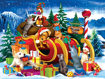 Opening Presents F1, winter, dog, feline, occasion, holiday, scenery, painting, snow, December, art, cat, beautiful, illustration, artwork, wide screen, sleigh, Christmas, pets, canine HD wallpaper