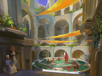 Hammam retreat, yellow, frumusete, fantasy, art, yujin choo, water, hammam HD wallpaper