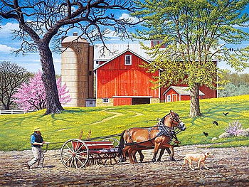Team Work, barn, horse, painting, man, trees HD wallpaper