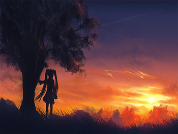Looking at the Sunset, horizon, awesome, night sky, cute, vocaloid, beauty, nice, miku, vocaloids, hatsune, scenary, sunset, skirt, program, hatsune miku, twintail, girl, beautiful, diva, orange, tree, anime, pretty, cool, clouds, sky, idol, virtual HD wallpaper