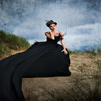BLACK WIDOW, black, clouds, widow, dress, woman, ocean, rock HD wallpaper