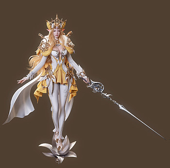 Fantasy girl, yujin oh, yellow, white, sword, fantasy, girl HD wallpaper