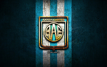 Asociacion Atletica Estudiantes FC, golden logo, Primera Nacional, blue metal background, football, argentinian football club, Asociacion Atletica Estudiantes logo, soccer, Estudiantes de Rio Cuarto, Argentina, AA Estudiantes de Rio Cuarto HD wallpaper