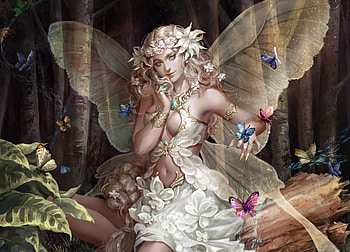 Titania, wings, girl, fairy, butterfly, fantasy, rakuen, luminos, forest HD wallpaper