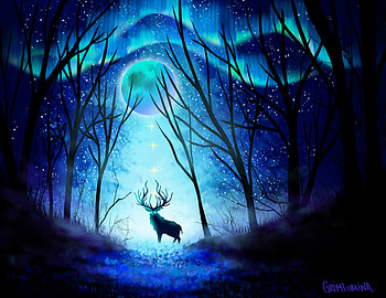 Art, Night, Moon, Forest, Northern Lights, Aurora Borealis, Deer HD wallpaper