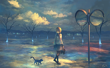 Don't follow me!, blue, anime, nasitaki, cat, girl, luminos, manga, feel HD wallpaper