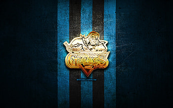 Belfast Giants, golden logo, Elite League, blue metal background, english hockey team, Belfast Giants logo, hockey HD wallpaper
