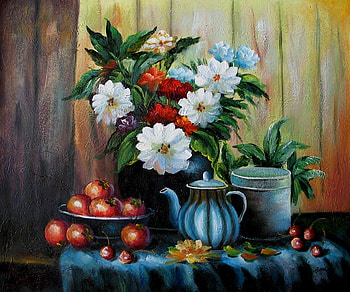 By Davidovic Mile, still life, table, painting, art, davidovic mile, flower, fruit, apple HD wallpaper