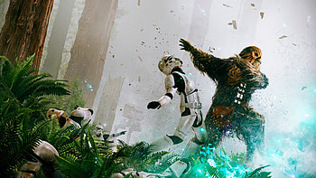 Chewbacca, Stormtrooper showdown, Epic Star Wars duel, Intense action HD wallpaper