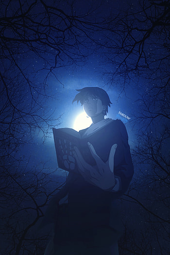 Hunter x hunter kuroro, cloud, bible, moon, blue, smoke, tree HD phone wallpaper