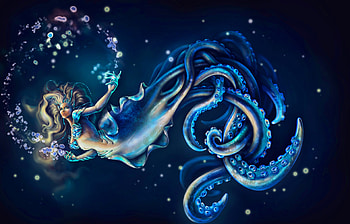 Squid Mermaid, blue, squid, mermaid, art, girl, beautiful, woman, artistic, digital, fantasy, original HD wallpaper