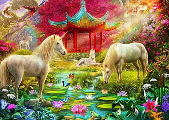 Magic Unicorns, artwork, horses, leaves, painting, blossoms, gazebo, waterlilies, pond HD wallpaper