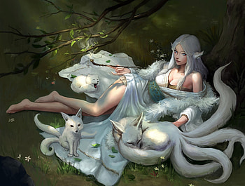 Kitsune, white, frumusete, fantasy, ahri, girl, luminos, fox, nine tails HD wallpaper