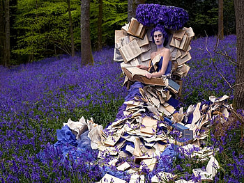 DRESS FROM BOOKS, reading, grass, dress, woman, books, fantasy, flower, purople, hat HD wallpaper