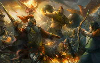 Epic battle, god, shield, golden, phoenix, bird, art, man, ird, fight, people, armor, fantasy, helmet, weapon, game HD wallpaper