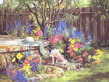 A Gardener's Paradise, plants, steps, parisol, grass, patio, fence, stone, trees, flowers, scarf, hat HD wallpaper