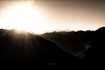Mountains During Sunrise, mountains, nature, sunrise, monochrome, black-and-white HD wallpaper