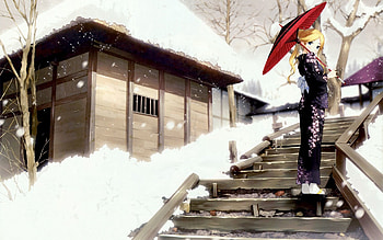 Anime, Winter, Stroll, Kimono, Animeshka, Geisha HD wallpaper