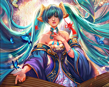 Sona, blue, jiuge, art, girl, instrument, butterfly, fantasy, green, red, league of legends, game HD wallpaper