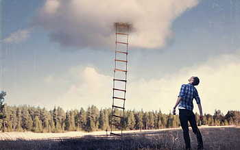 creative, fantasy, situation, man, stair, sky, cloud HD wallpaper