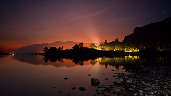 Summer Night on the Shore of Lake, night, summer, shore, trees, nature, mountains, lake HD wallpaper