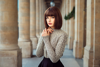 Women, Marie Grippon, Blue Eyes, Brunette, Depth Of Field, Lipstick, Model, Short Hair HD wallpaper