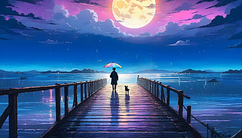 Person And Dog On A Pier Under A Moonlit Sky, person, dog, pier, sky, moon, sea, artist, artwork, art, digital-art, ai, deviantart HD wallpaper