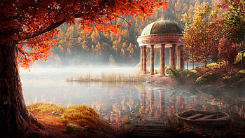 Gazebo, Fog, Pond, Trees, Morning HD wallpaper