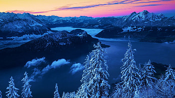 Lake Lucerne, Switzerland, winter, snow, colors, trees, landscape, sky, sunset HD wallpaper