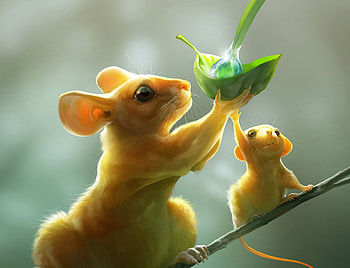 Mice, therese larsson, silly beasts, mouse, water drop, green, baby, cute, orange HD wallpaper