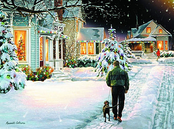 Christmas Stroll, dog, artwork, painting, man, snow, houses HD wallpaper